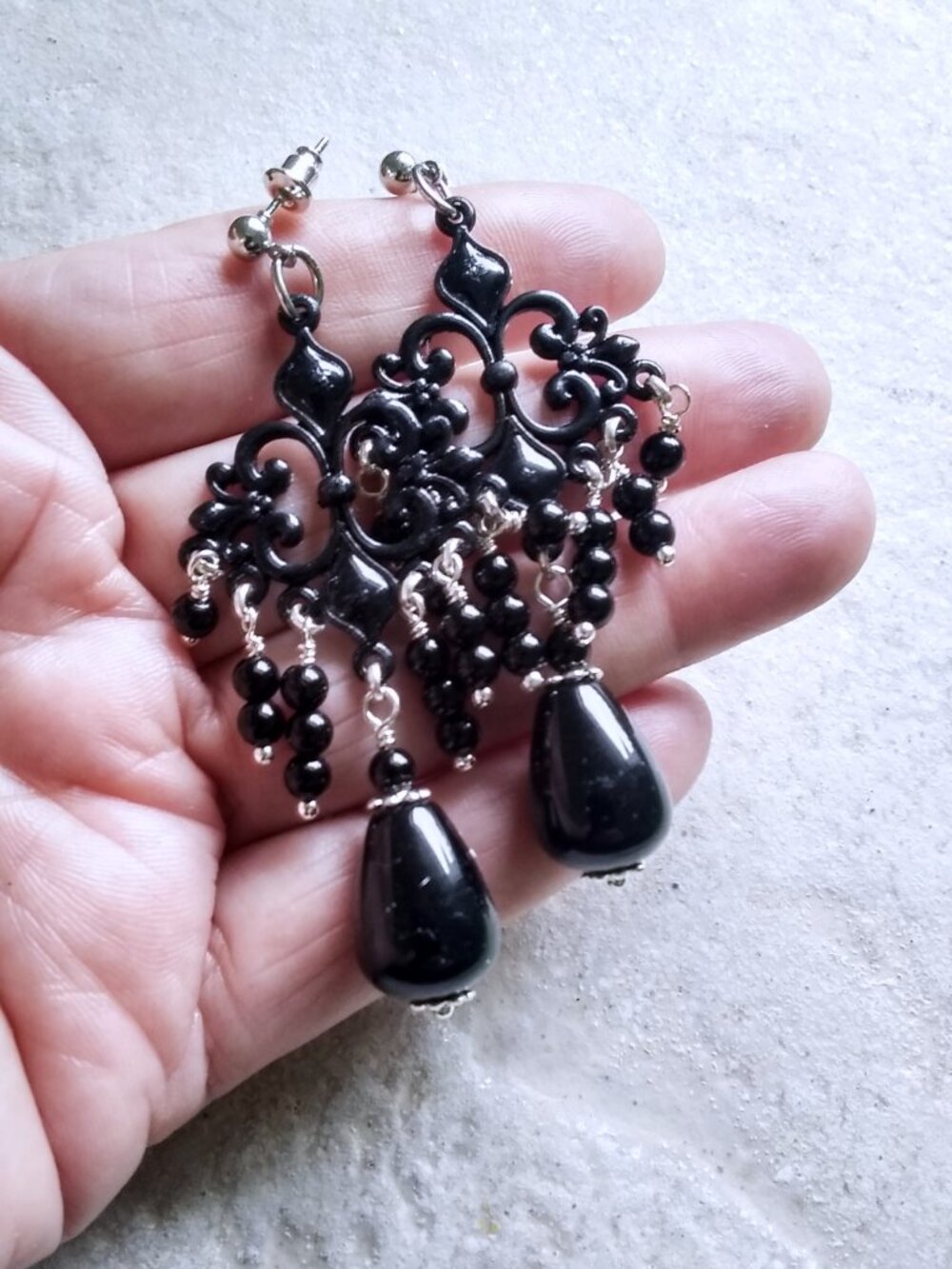 Devastatingly Sexy! Ornate & Opulent Black Onyx Chandelier Earrings - Edgy Goth! - Picture 6 of 10